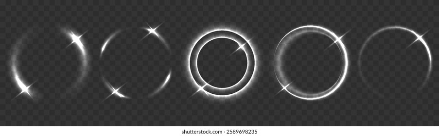Light white circle. Neon light effect of white line. Abstract white light vector flare semicircle. Luminous white circle portal.