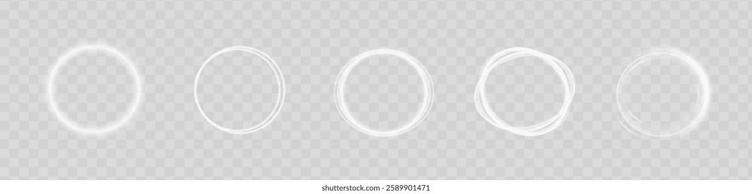 Light white circles. Curve light effect of white line. Luminous white circle portal. Glitter silver neon circle ring frame. Vector