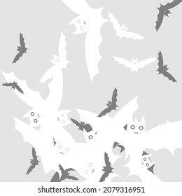Light White Creepy Print Modern Style Background. Scary Silver Grey Chaos Art Flying Bats Fabrics. Black Retro Motion Funny Halloween Art Illustration. Orange Attack Spooky Bats Vector Illustration.