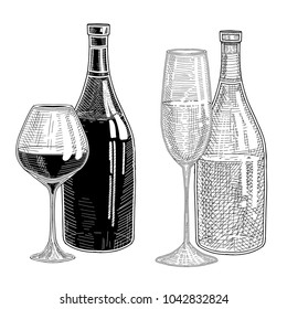 Light white and dark red wine in wine glasses and bottles, a set of vector illustrations.