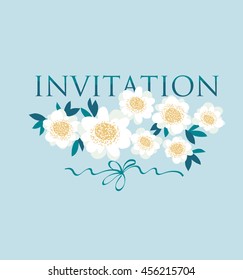 light white decorative camellia flowers wedding template.  stylized daisy on sky blue background vector illustration