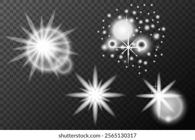 Light white effect: isolated flare, tire explosion, dust line, sun flare, star spark, sunlight, vector set