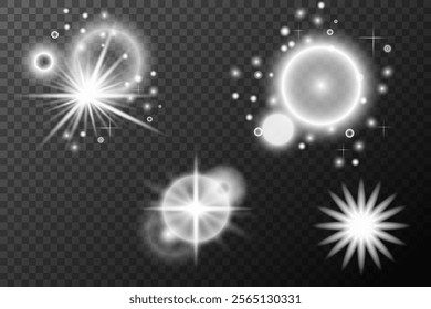 Light white effect: isolated flare, tire explosion, dust line, sun flare, star spark, sunlight, vector set