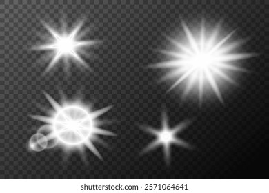 Light white effect: isolated flare, tire explosion, dust line, sun flare, star spark, sunlight, vector set