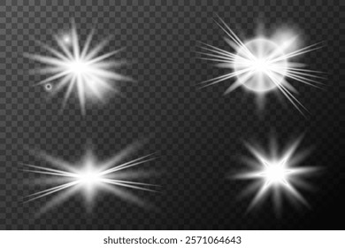 Light white effect: isolated flare, tire explosion, dust line, sun flare, star spark, sunlight, vector set