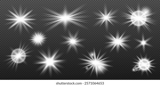 Light white effect: isolated flare, tire explosion, dust line, sun flare, star spark, sunlight, vector set