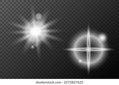 Light white effect: isolated flare, tire explosion, dust line, sun flare, star spark, sunlight, vector set