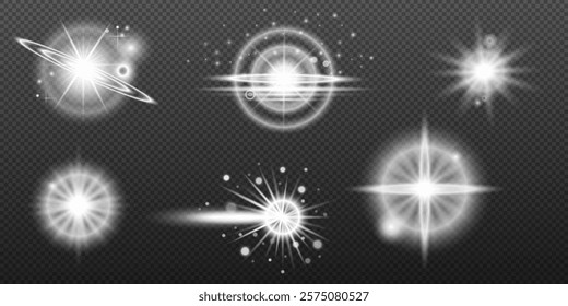 Light white effect: isolated flare, tire explosion, dust line, sun flare, star spark, sunlight, vector set	
