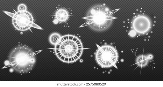 Light white effect: isolated flare, tire explosion, dust line, sun flare, star spark, sunlight, vector set	
