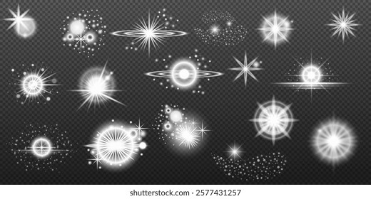 Light white effect: isolated flare, tire explosion, dust line, sun flare, star spark, sunlight, vector set	
