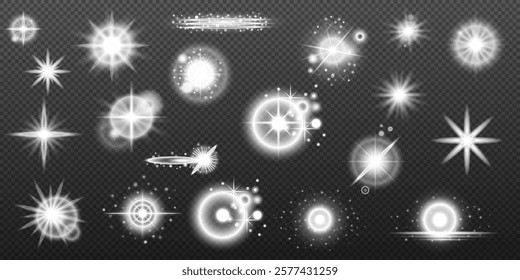 Light white effect: isolated flare, tire explosion, dust line, sun flare, star spark, sunlight, vector set	
