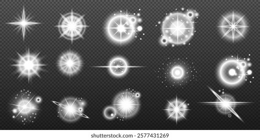 Light white effect: isolated flare, tire explosion, dust line, sun flare, star spark, sunlight, vector set	
