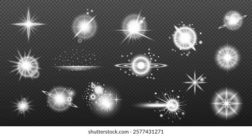 Light white effect: isolated flare, tire explosion, dust line, sun flare, star spark, sunlight, vector set	
