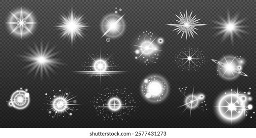 Light white effect: isolated flare, tire explosion, dust line, sun flare, star spark, sunlight, vector set	
