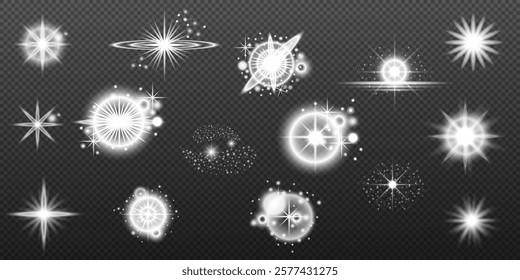 Light white effect: isolated flare, tire explosion, dust line, sun flare, star spark, sunlight, vector set	
