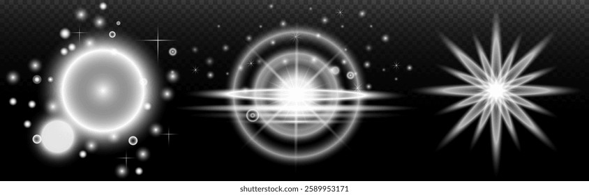 Light white effect: isolated flare, tire explosion, dust line, sun flare, star spark, sunlight, vector set	
