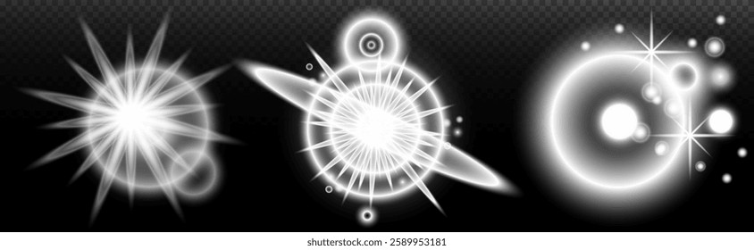 Light white effect: isolated flare, tire explosion, dust line, sun flare, star spark, sunlight, vector set	
