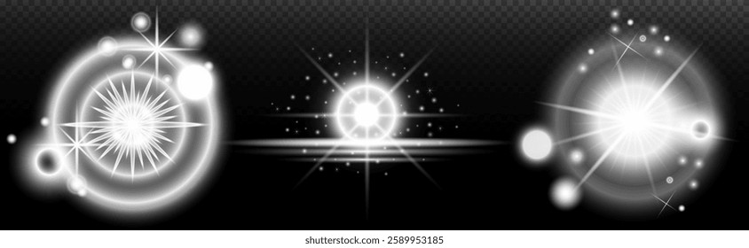 Light white effect: isolated flare, tire explosion, dust line, sun flare, star spark, sunlight, vector set	
