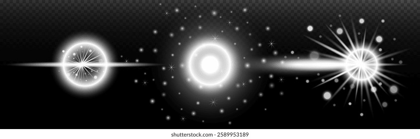 Light white effect: isolated flare, tire explosion, dust line, sun flare, star spark, sunlight, vector set	
