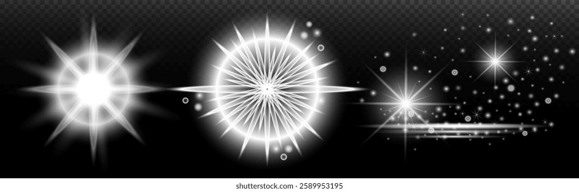 Light white effect: isolated flare, tire explosion, dust line, sun flare, star spark, sunlight, vector set	
