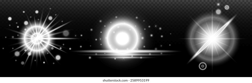 Light white effect: isolated flare, tire explosion, dust line, sun flare, star spark, sunlight, vector set	
