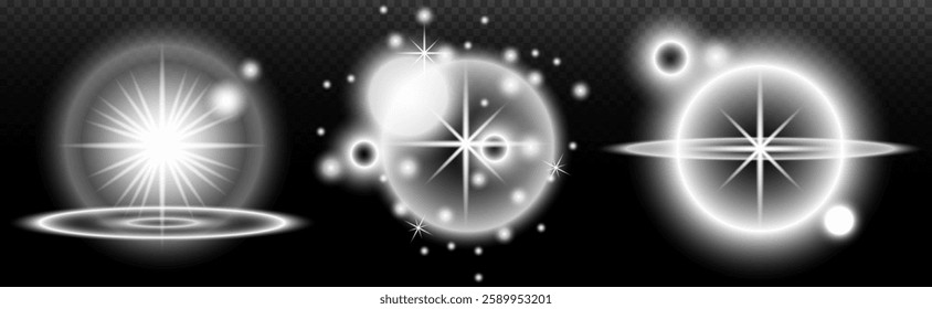 Light white effect: isolated flare, tire explosion, dust line, sun flare, star spark, sunlight, vector set	
