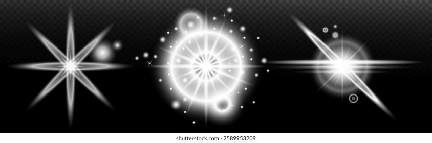 Light white effect: isolated flare, tire explosion, dust line, sun flare, star spark, sunlight, vector set	
