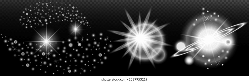 Light white effect: isolated flare, tire explosion, dust line, sun flare, star spark, sunlight, vector set	
