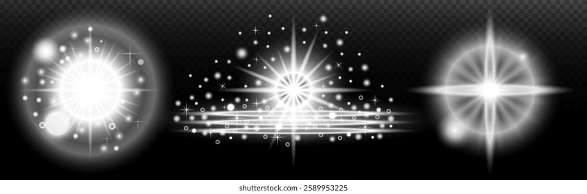 Light white effect: isolated flare, tire explosion, dust line, sun flare, star spark, sunlight, vector set	
