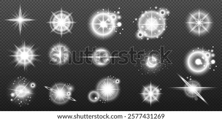 Light white effect: isolated flare, tire explosion, dust line, sun flare, star spark, sunlight, vector set	
