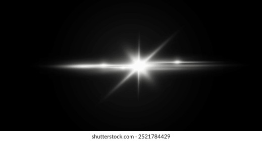 Light white effect reflections, neon illumination in white colors. Bright light lens. Police light effects, lines. Shiny stars, glowing sparks on a black background. Vector red light effect