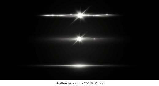 Light white effect reflections, neon illumination in white colors. Bright light lens. Police light effects, lines. Shiny stars, glowing sparks on a black background. Vector red light effect