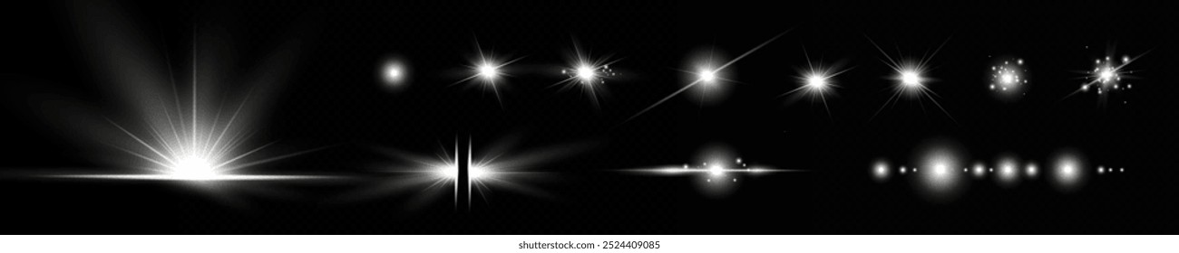 reflexões de efeito branco claro, iluminação neon em cores vermelhas. Lente clara brilhante. Efeitos de luz policial, linhas. Estrelas brilhantes, faíscas brilhantes sobre um fundo preto. Vetor