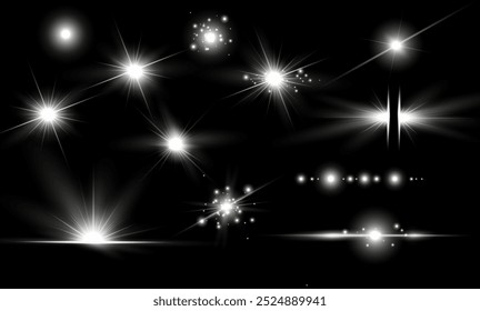 light white effect reflections, neon illumination in red colors. Bright light lens. Police light effects, lines. Shiny stars, glowing sparks on a black background. Vector