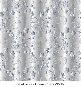 Light white elegant floral vector seamless pattern wallpaper illustration with vintage  decorative white Paisley flowers and ornaments on the white drapery background in Victorian style.Luxury texture