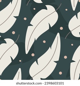 Pluma voladora blanca y clara. Patrón natural sin fisuras vectorial, de estilo plano.