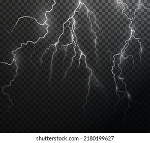 Light white isolated vector lightning png. Magic light abstract lines. Realistic natural lightning effects.