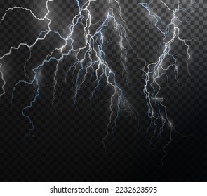 Light white isolated vector lightning png. Magic light abstract lines. Realistic natural lightning effects.