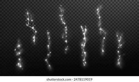 Light white isolated vector lightning png. Realistic natural lightning effectThunderstorm. Strength Energy charge Thunder. Blitz Lightning Thunder Light Sparks Storm Flash