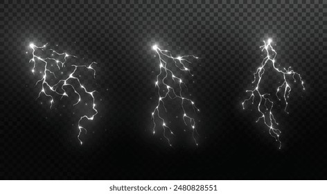 Hellweiße isolierte Vektorgrafik Blitz PNG. Realistische natürliche BlitzwirkungGewitter. In: Strength Energy Abbuchung Thunder. Blitz Blitz Blitz Donner Licht Funken Sturm Blitz