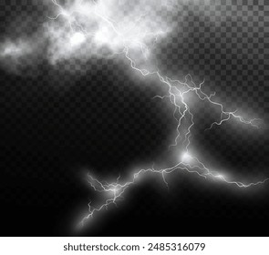 Hellweiße isolierte Vektorgrafik Blitz PNG. Realistischer natürlicher Glanz weißer BlitzeffektGewitter. In: Strength Energy Abbuchung Thunder. Blitz Blitz Blitz Donner Licht Funken Sturm Blitz