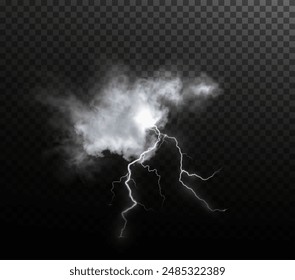 Luz blanca aislada Vector rayo png. Efecto de relámpago blanco brillante natural realistaTormenta eléctrica. Fuerza Recargo de energía Trueno. Luz del rayo de Blitz Thunder enciende destello de tormenta