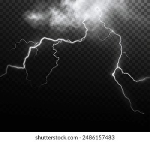 Light white isolated vector lightning png. Realistic natural glow white lightning effectThunderstorm. Strength Energy charge Thunder. Blitz Lightning Thunder Light Sparks Storm Flash	
