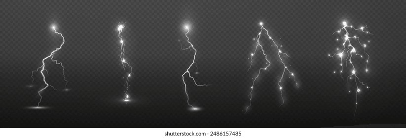 Light white isolated vector lightning png. Realistic natural glow white lightning effectThunderstorm. Strength Energy charge Thunder. Blitz Lightning Thunder Light Sparks Storm Flash	
