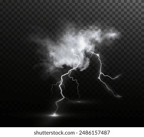 Light white isolated vector lightning png. Realistic natural glow white lightning effectThunderstorm. Strength Energy charge Thunder. Blitz Lightning Thunder Light Sparks Storm Flash	
