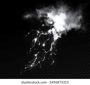 Light white isolated vector lightning png. Realistic natural glow white lightning effectThunderstorm. Strength Energy charge Thunder. Blitz Lightning Thunder Light Sparks Storm Flash	
