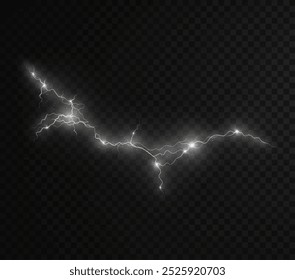 Luz blanca aislada Vector rayo png. Realista efecto de relámpago blanco de brillo natural Tormenta de truenos. Fortaleza Recargo de energía Trueno. Luz de relámpago Blitz Thunder enciende destello de tormenta