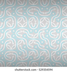 Light white ornamental seamless pattern background in tracery style. Complicated puzzle repeatable backdrop. Contemporary decor. Bright, symmetrical design for game, textile, fabric or other purpose.