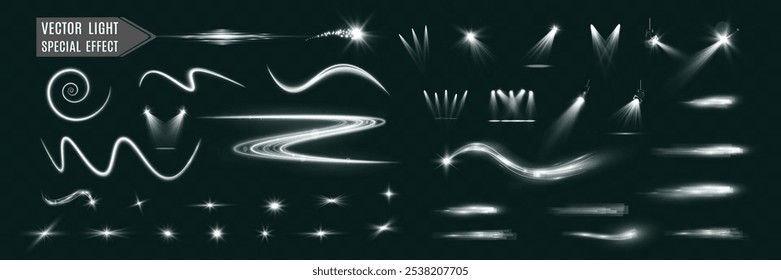 Velocidade branca clara e efeito de brilho de luz de spot, brilho de brilho de linha brilhante. Efeitos de prata ondulado branco.