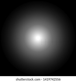 Light white spot on a black background. Vector image of white light with a scale determining the diameter of the beam.